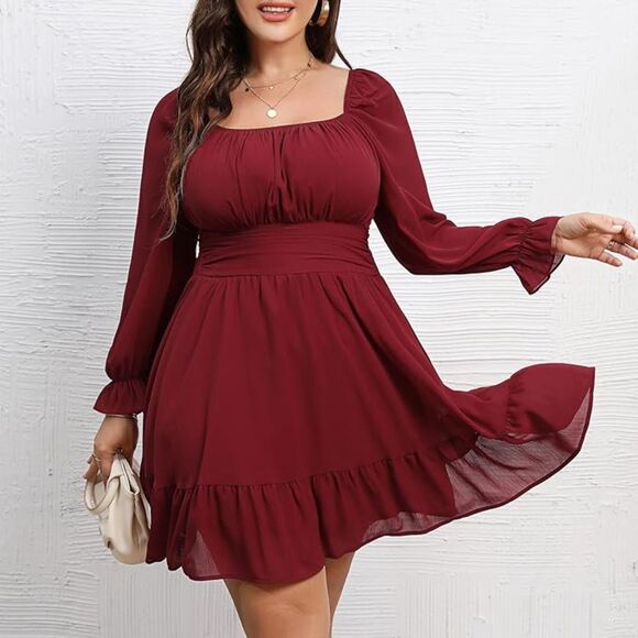 Byinns Open Tie Back Square Neck Lantern LS Elastic Waist Mini Dress SZ XXL:NWT - Picture 3 of 16